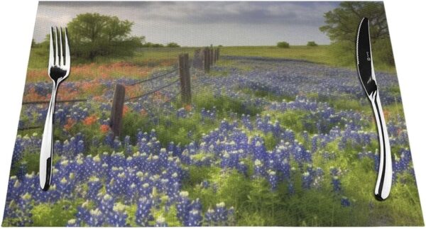 Texas Bluebonnets Scenery Print Placemats Heat-Resistant Non-Slip Placemats Washable Durable PVC Table Mats Woven Placemats for Kitchen