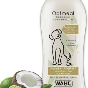 Brand WAHL Scent Oatmeal Product Benefits Soothing Recommended Uses For Product Irritated Skin Item Form Shampoo About this item Made in the USA - Our oatmeal formula pet shampoo is pH balanced, alcohol free, paraben free, PEG-80 free and is highly recommended for moisturizing dry skin & providing itch relief Oatmeal Formula – This coconut lime verbena scented pet shampoo is great for moisturizing dry skin, cleaning dirty coats, & itch relief. The thick lather rinses off clean & keeps your pet looking and smelling clean Less is More - Wahl has a higher concentrate of coconut derived sodding agent, which means you don’t have to use as much as other dog shampoos. A little bit of shampoo goes a long way and provides a rich lather that’s easy to rinse off Allergy Friendly - Our dog icon, Rocket, was designed in the image of our family dog Cooper – a golden doodle, who has severe allergies. This is the only shampoo we have found safe and effective. He loves the smell too. The Brand Used by Professionals - Wahl has been serving professional vets and groomers for over 50 years. clean, condition fur & hair for a smooth, soft coat. We are a company of animal lovers that want the best for your family member