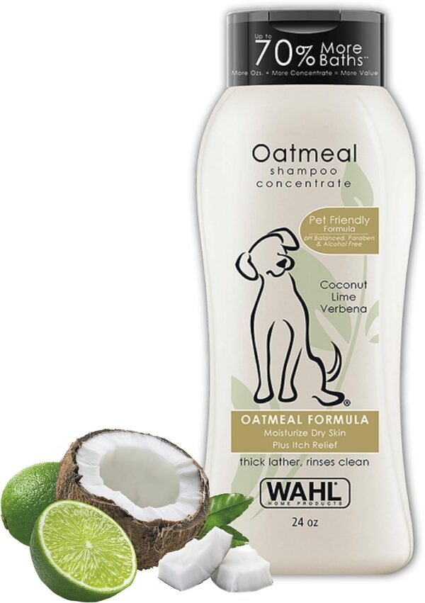 Brand WAHL Scent Oatmeal Product Benefits Soothing Recommended Uses For Product Irritated Skin Item Form Shampoo About this item Made in the USA - Our oatmeal formula pet shampoo is pH balanced, alcohol free, paraben free, PEG-80 free and is highly recommended for moisturizing dry skin & providing itch relief Oatmeal Formula – This coconut lime verbena scented pet shampoo is great for moisturizing dry skin, cleaning dirty coats, & itch relief. The thick lather rinses off clean & keeps your pet looking and smelling clean Less is More - Wahl has a higher concentrate of coconut derived sodding agent, which means you don’t have to use as much as other dog shampoos. A little bit of shampoo goes a long way and provides a rich lather that’s easy to rinse off Allergy Friendly - Our dog icon, Rocket, was designed in the image of our family dog Cooper – a golden doodle, who has severe allergies. This is the only shampoo we have found safe and effective. He loves the smell too. The Brand Used by Professionals - Wahl has been serving professional vets and groomers for over 50 years. clean, condition fur & hair for a smooth, soft coat. We are a company of animal lovers that want the best for your family member